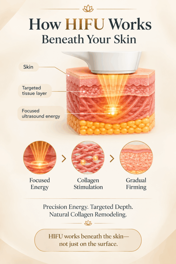 How HIFU treatment works beneath the skin to stimulate collagen and improve skin firmness
