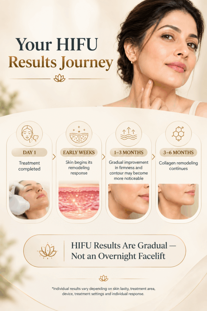 HIFU treatment results timeline showing gradual improvement in facial skin firmness