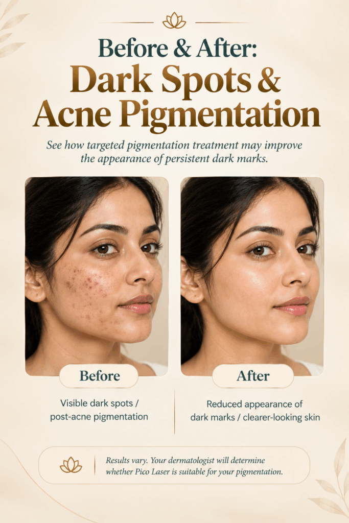 Pico laser before and after for dark spots and acne pigmentation showing improvement in uneven skin tone