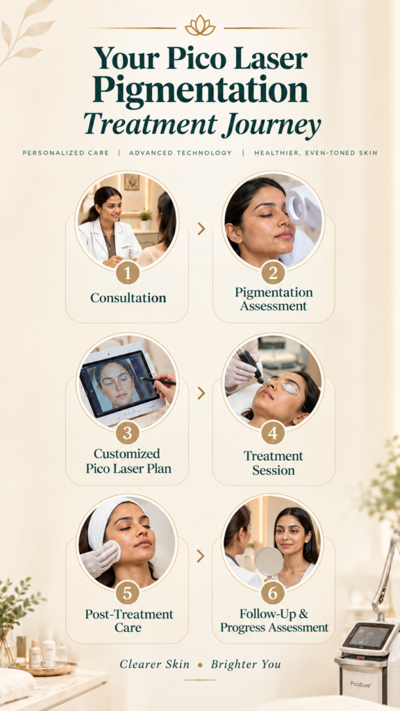 Pico Laser pigmentation treatment process from dermatologist consultation to follow-up in Chennai