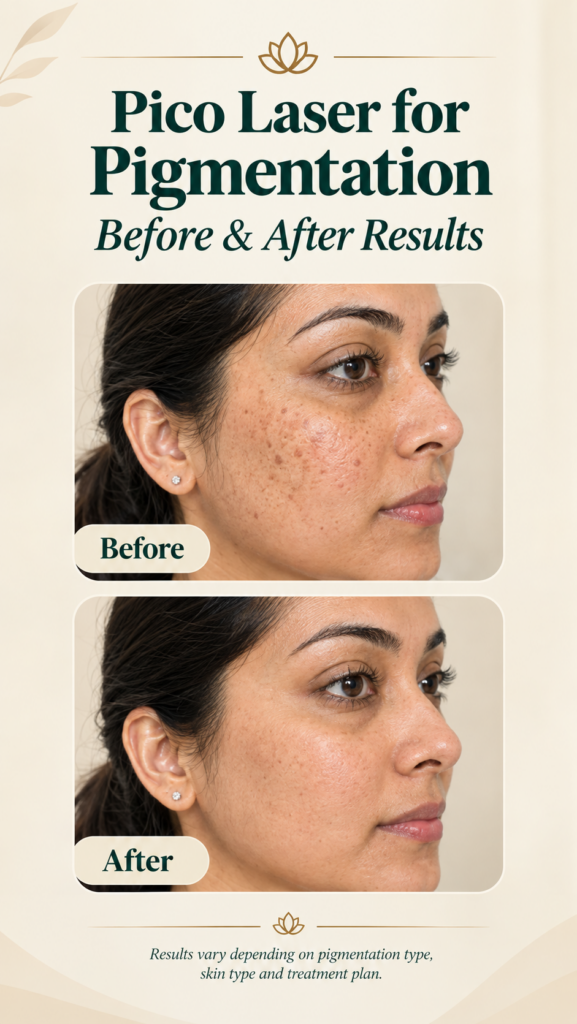 Pico Laser pigmentation before and after showing improvement in facial pigmentation and uneven skin tone