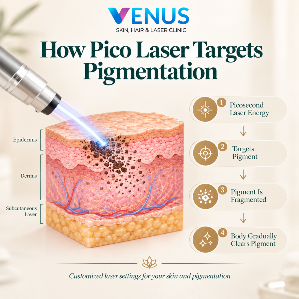 Pico Laser targeting melanin pigment for dark spots and facial pigmentation