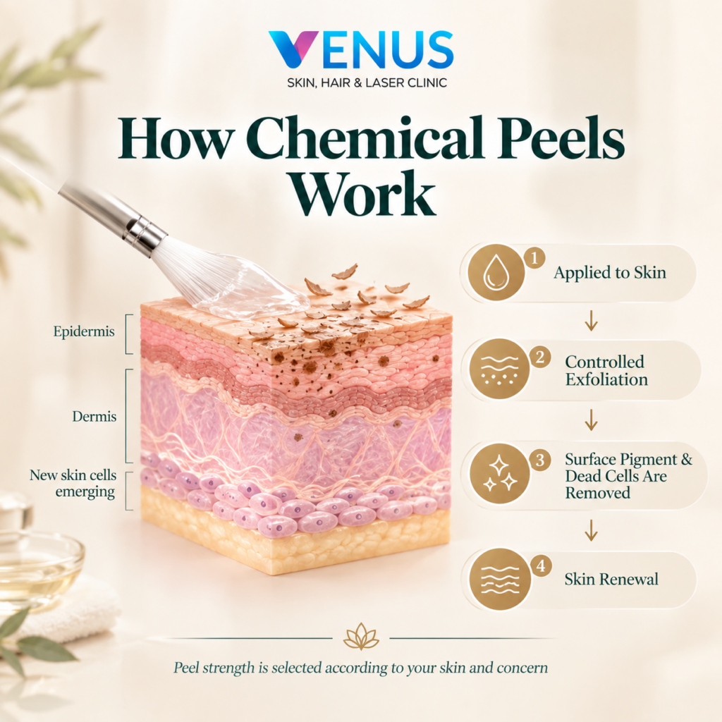 Chemical peel exfoliation process for superficial pigmentation and dark spots