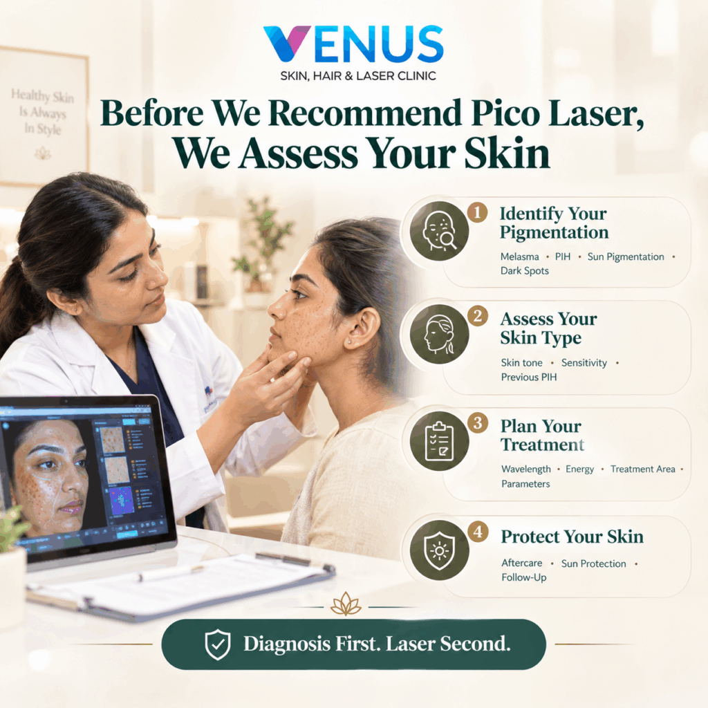 Dermatologist assessing Indian skin before Pico Laser treatment for pigmentation