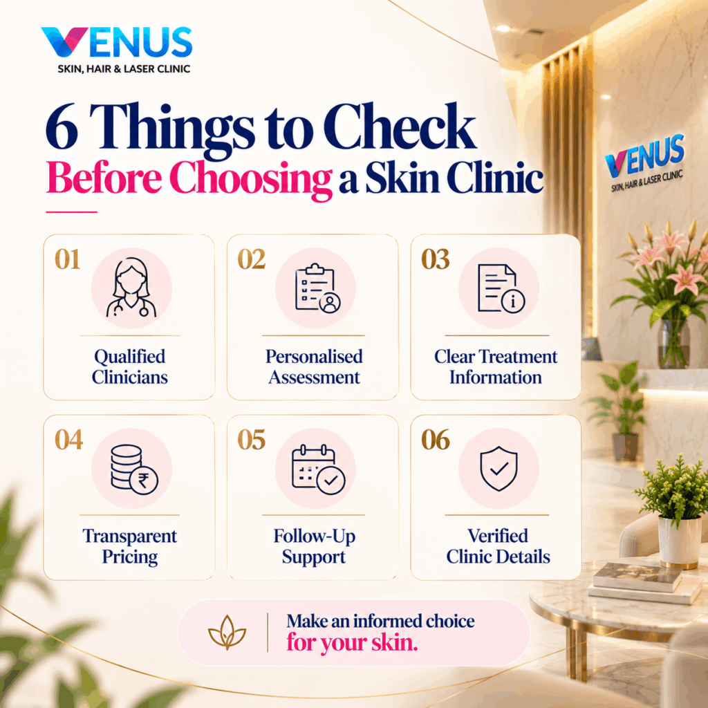 Six factors to consider when choosing a skin care clinic in Chennai including qualifications, assessment and treatment costs