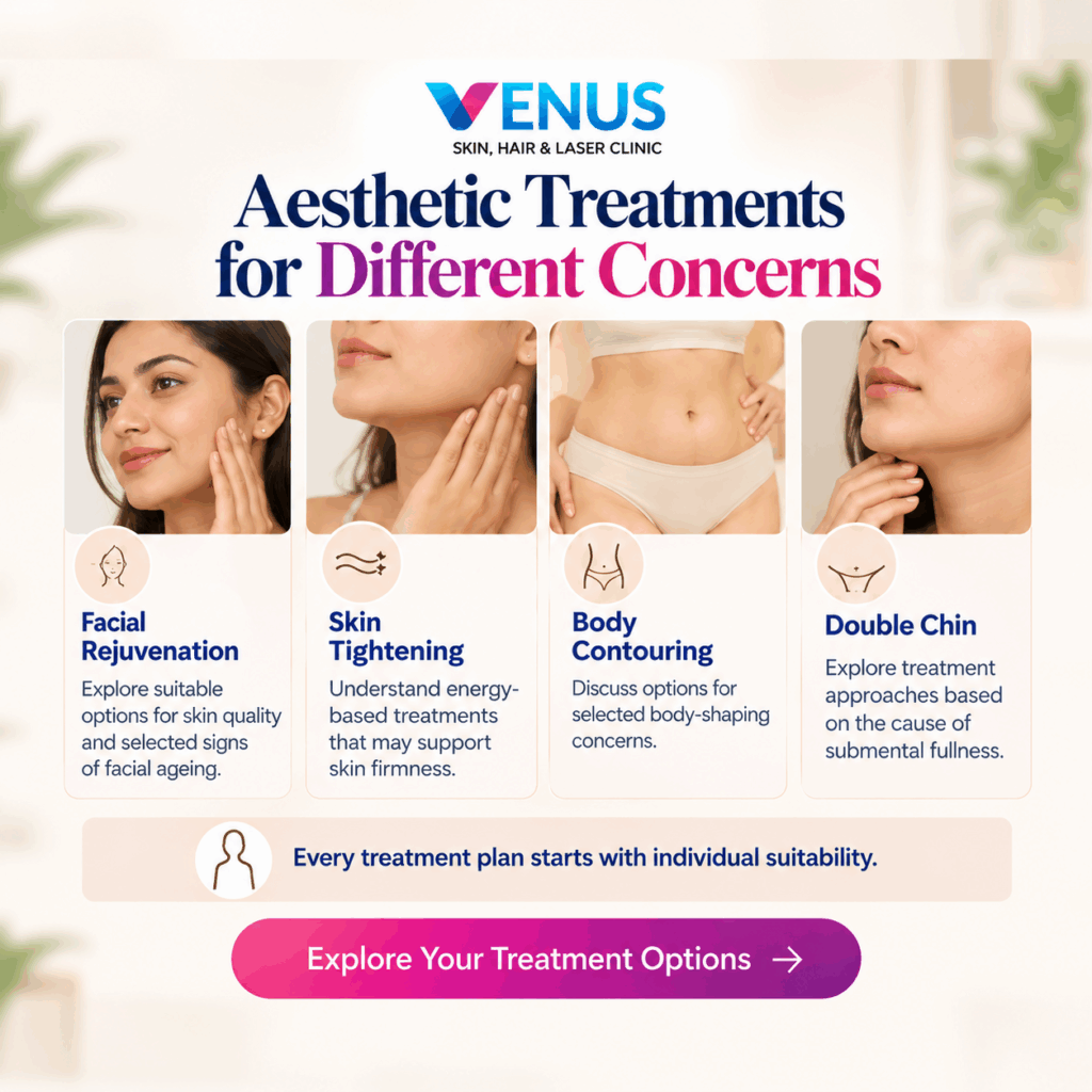 Facial rejuvenation, skin tightening and body contouring treatment options at an aesthetic clinic in Chennai.