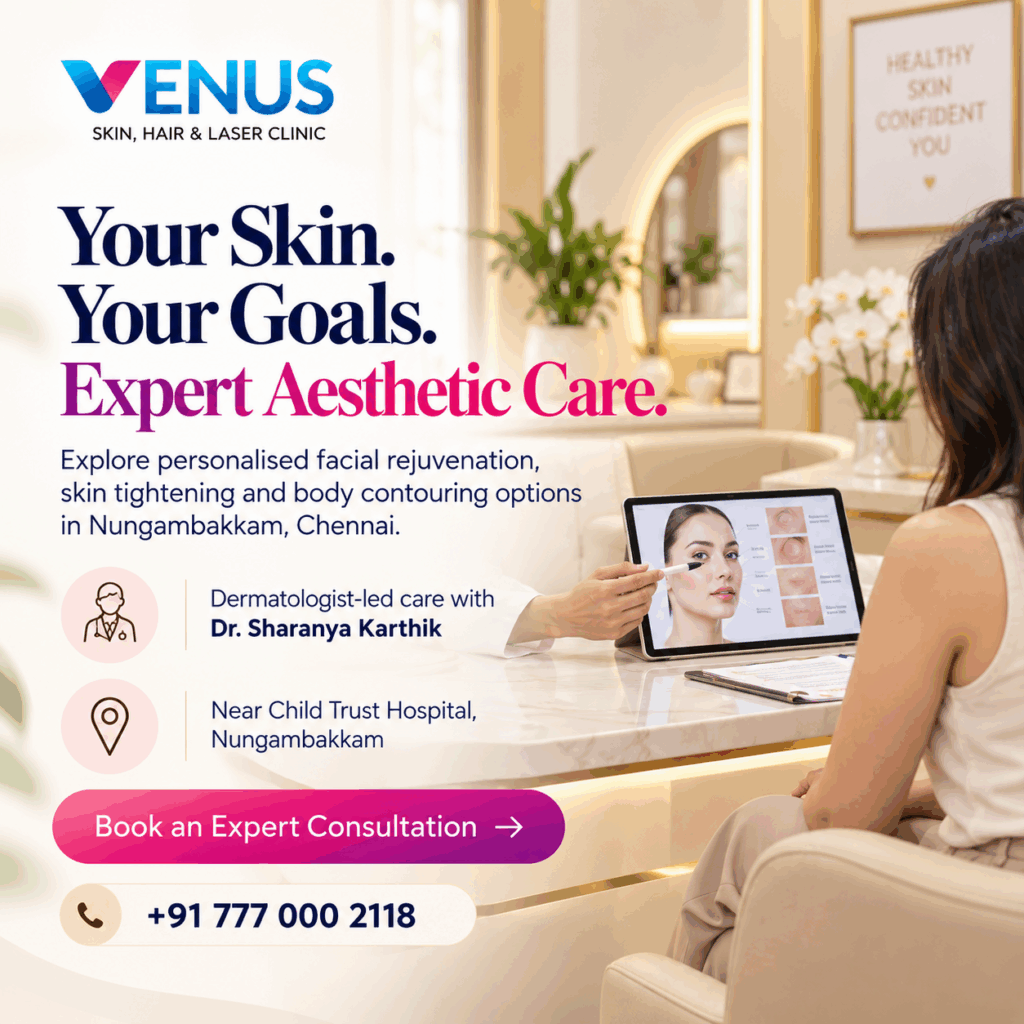 Dermatologist consulting a patient at an aesthetic clinic in Nungambakkam, Chennai.