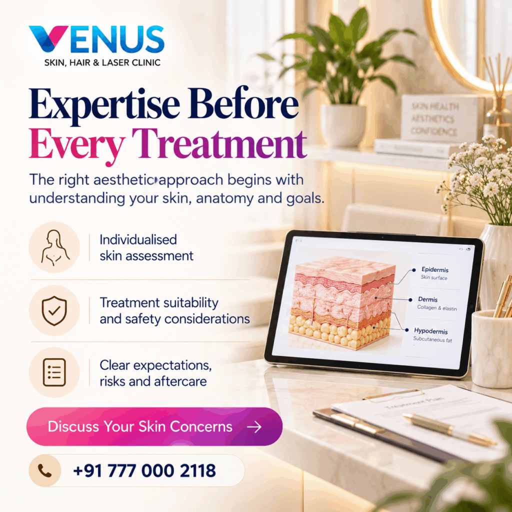 Dermatologist assessing a patient's skin before recommending an aesthetic treatment in Chennai.