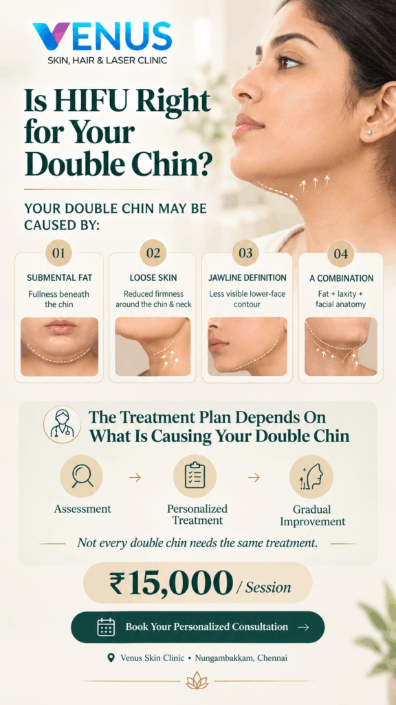 Double chin assessment for HIFU treatment showing submental fat and loose skin factors