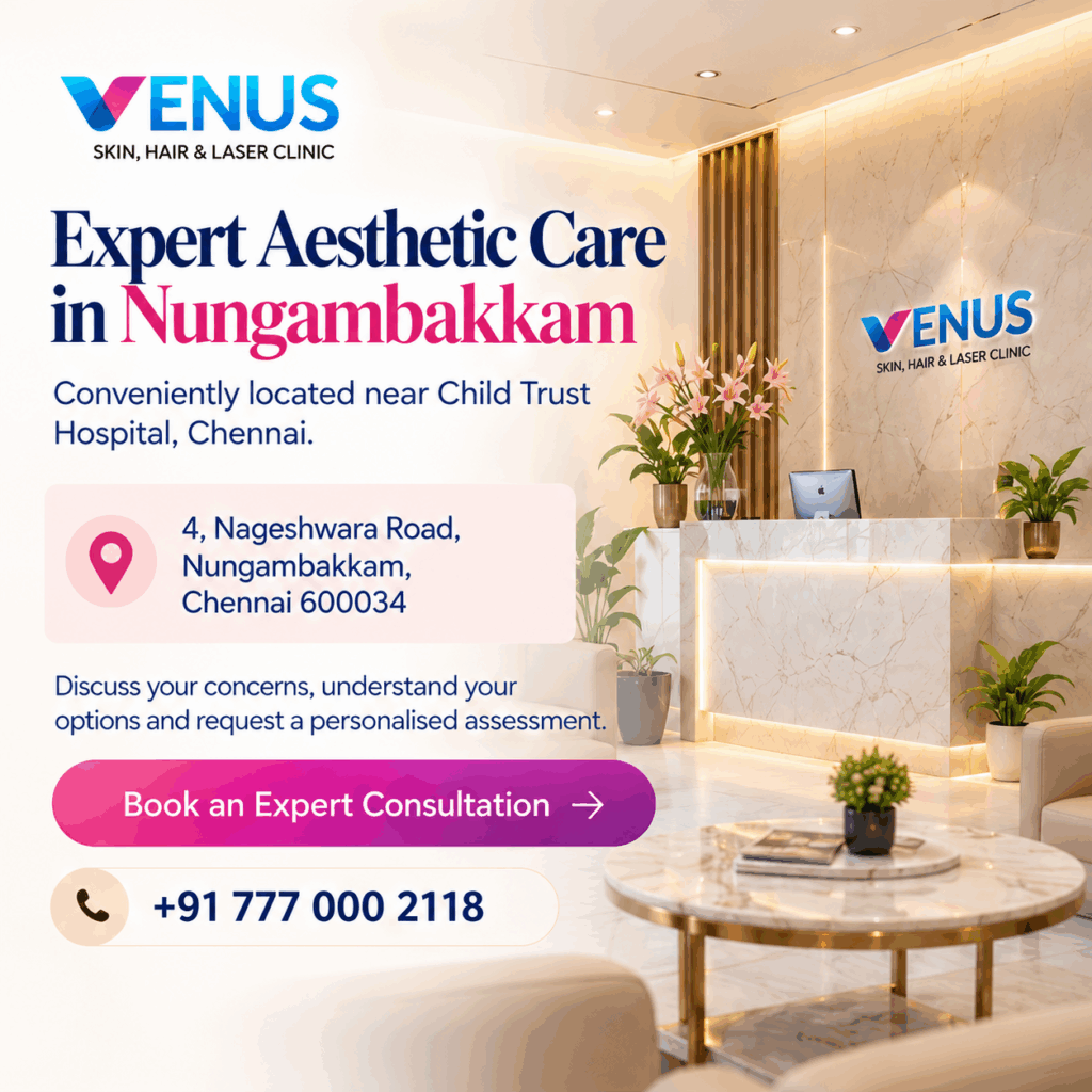 Venus Skin Clinic location on Nageshwara Road in Nungambakkam, Chennai, near Child Trust Hospital. Use this exact alt text only if the image genuinely shows the clinic or its location.