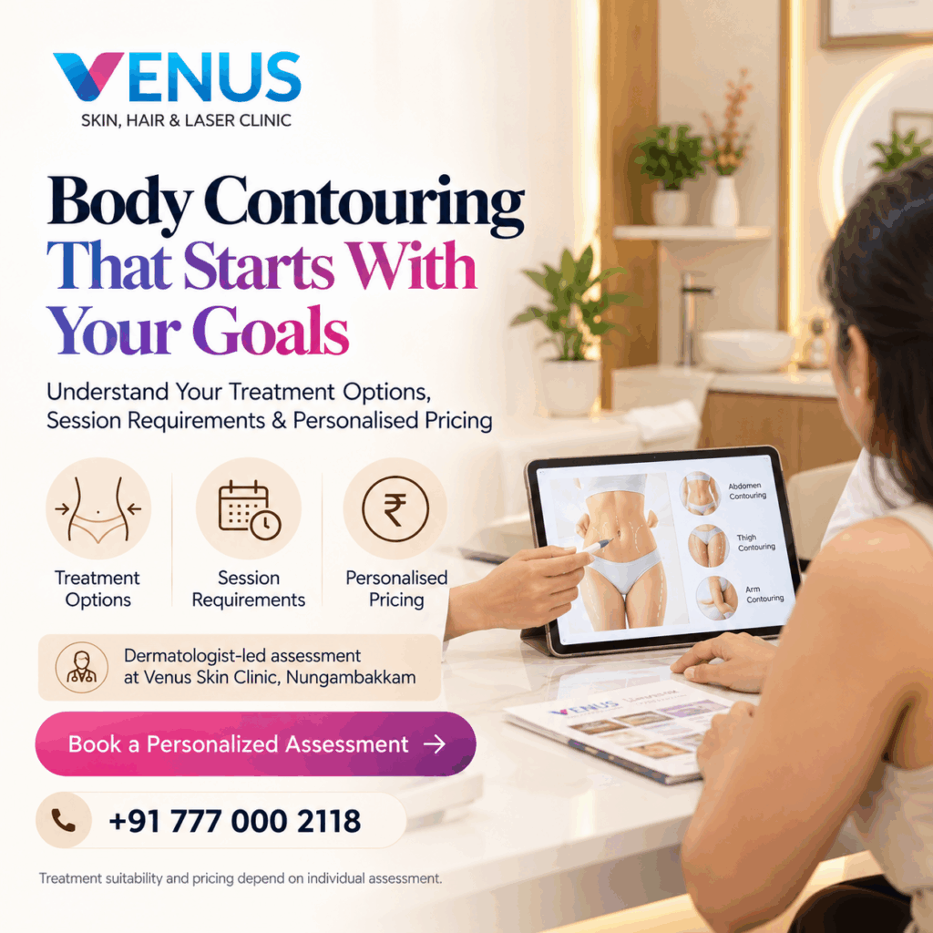 Dermatologist discussing personalised non-surgical body contouring options with a patient at Venus Skin Clinic in Chennai.