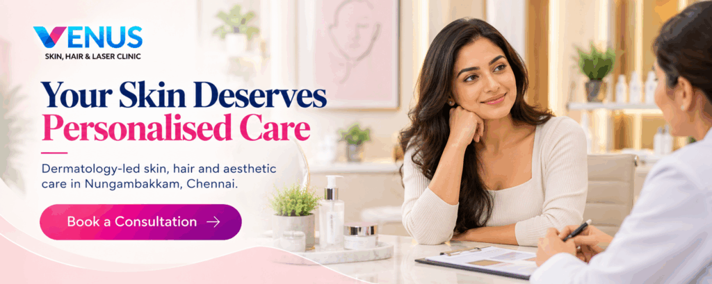 Woman attending a personalised skin care consultation in a modern dermatology clinic in Chennai