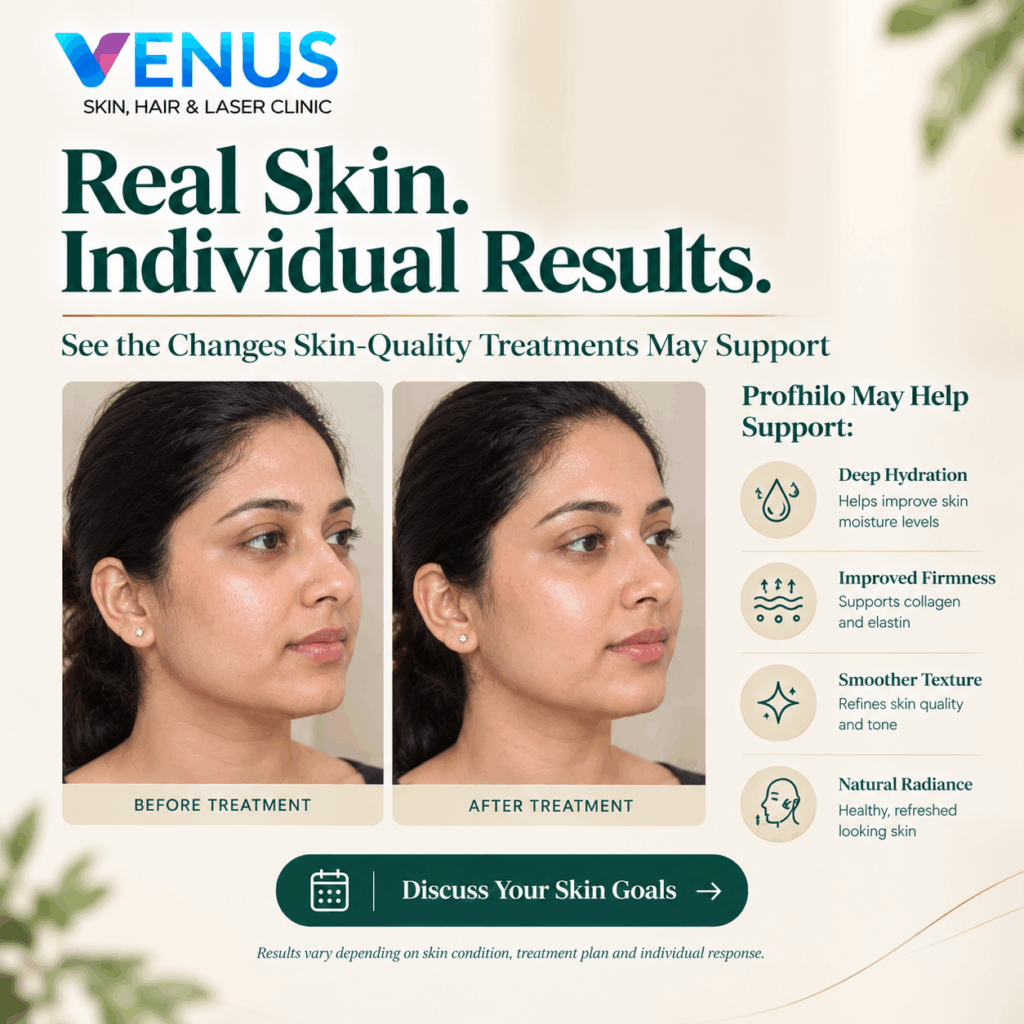 Before and after Profhilo treatment showing individual skin-quality changes at Venus Skin Clinic in Chennai