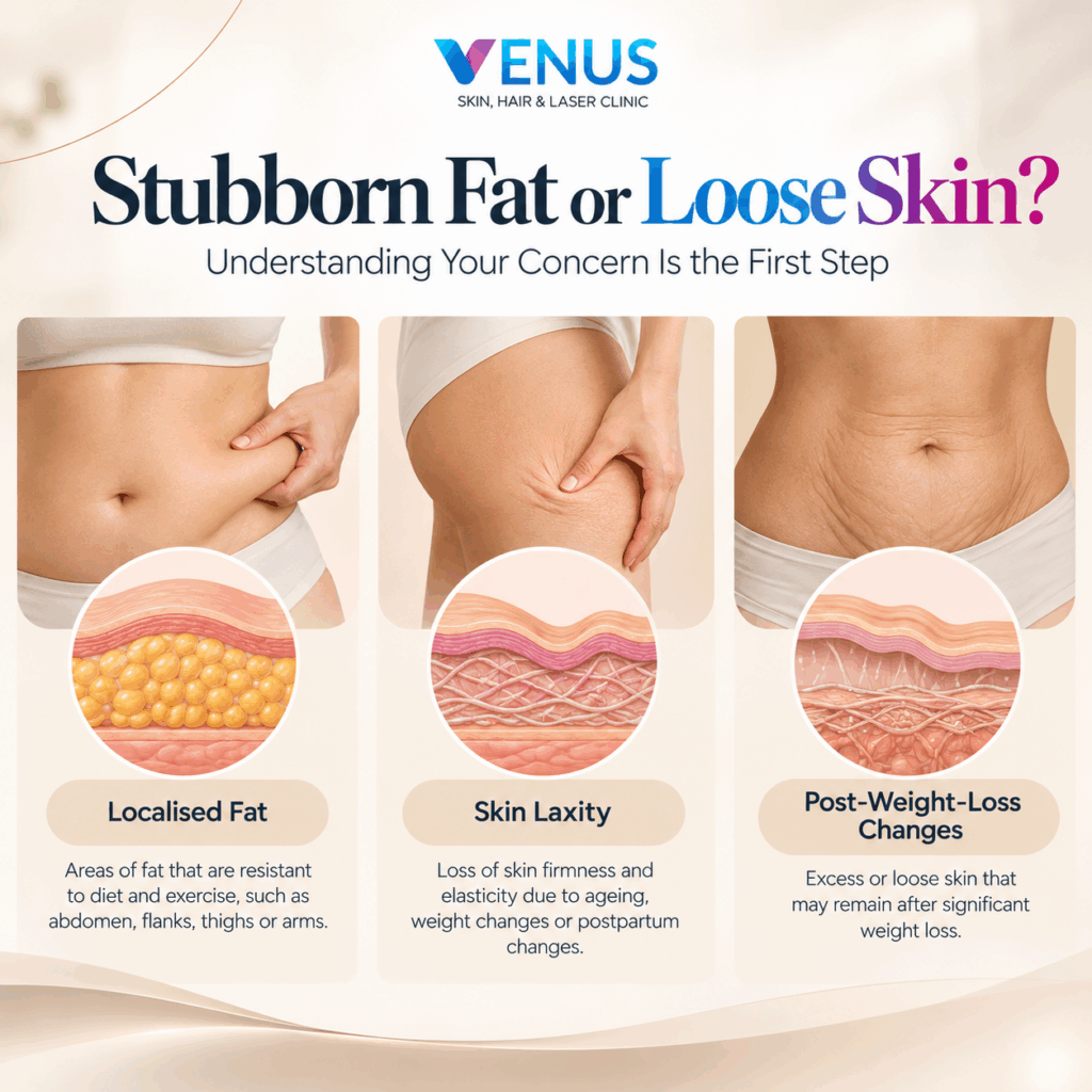 Illustration explaining localised fat and skin laxity for non-surgical body contouring