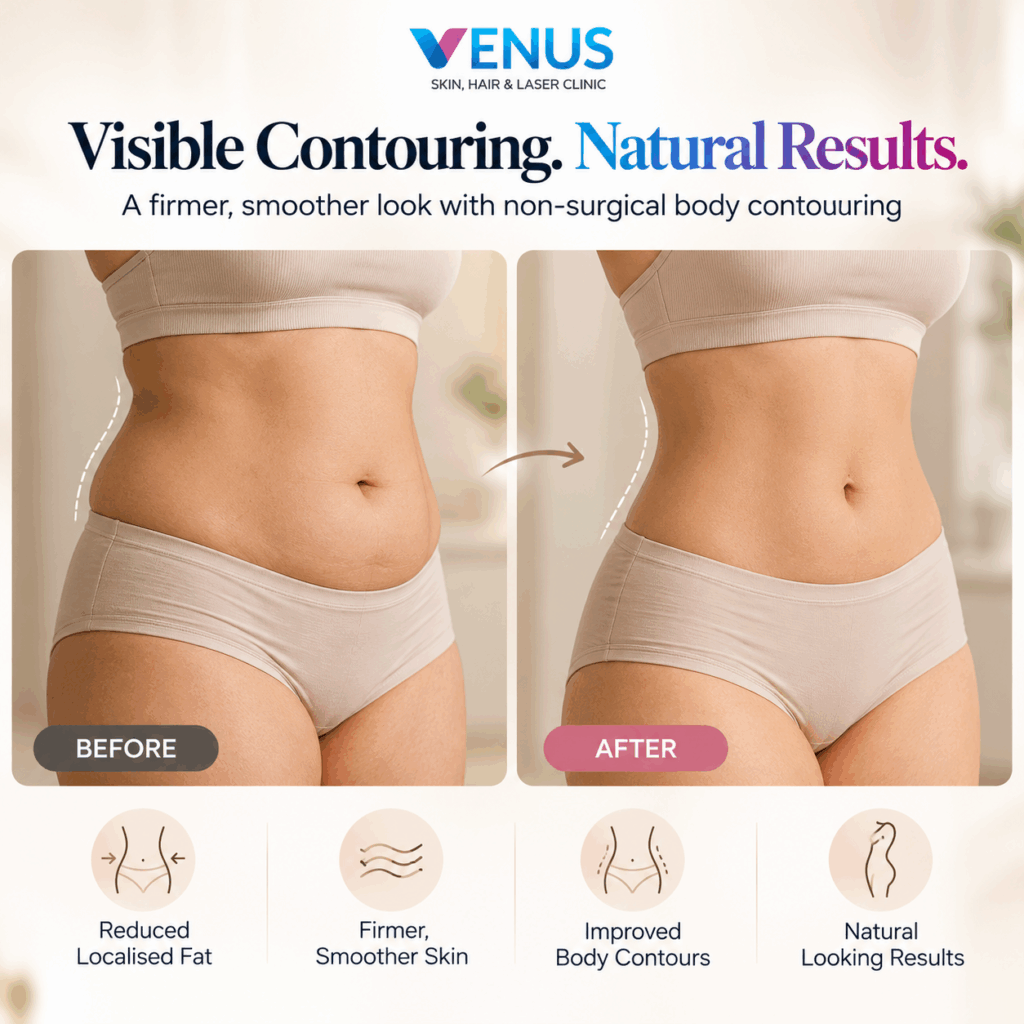 "Clinical side-by-side before-and-after photograph demonstrating non-surgical abdomen contouring on a female patient. The 'After' profile shows visibly tighter, smoother skin and reduced stubborn fat on the lower stomach, highlighting enhanced waistline definition after focused ultrasound treatment."