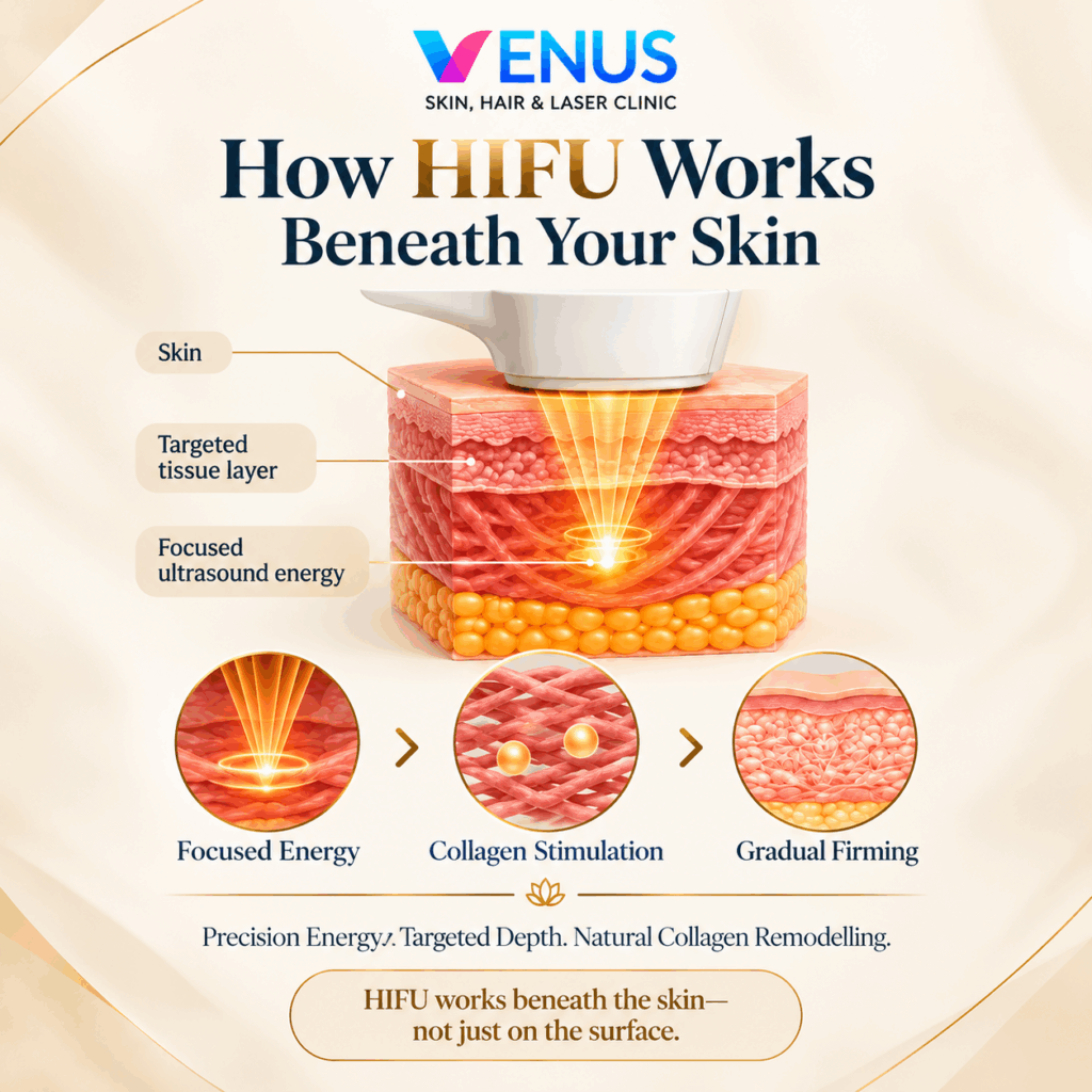 How HIFU treatment works beneath the skin to stimulate collagen and improve skin firmness
