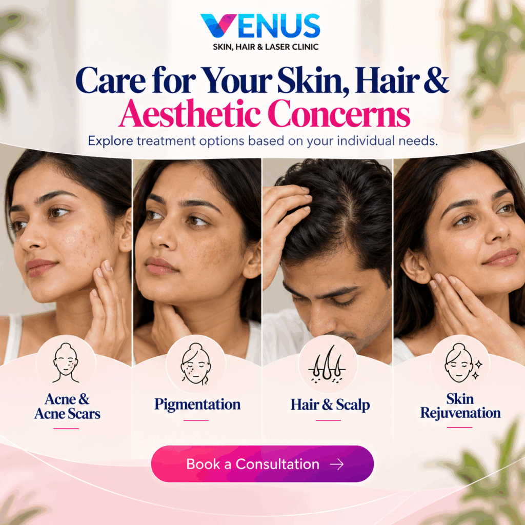 Skin and hair concerns including acne, pigmentation, hair thinning and facial ageing treated by dermatology clinics in Chennai